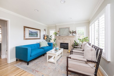 Living area featuring crown molding, light wood-type flooring, a fireplace, and recessed lighting