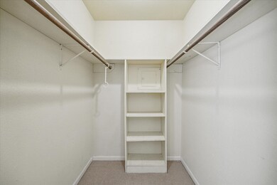 The bedroom has a nice walk-in closet with shelvin
