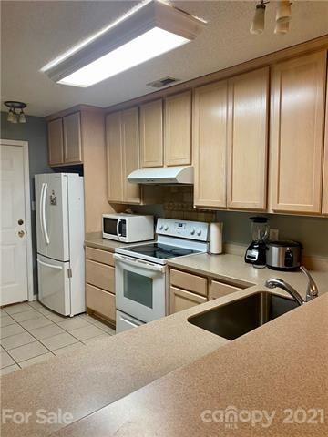 Kitchen has tile flooring, Corian countertops, lar