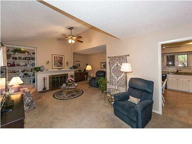 Living room features vaulted ceilings