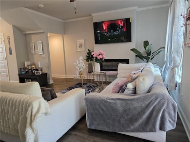 Living room featuring dark wood-type flooring, ornamental molding, and baseboards