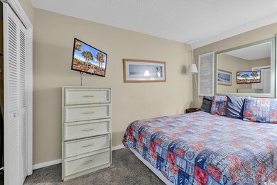 Bedroom with carpet floors, a closet, a textured c
