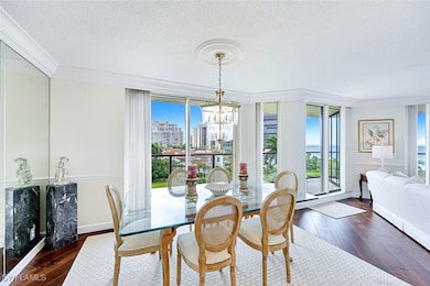 Dining room featuring healthy amount of natural light, dark wood finished floors, floor to ceiling windows, a textured ceiling, and a chandelier