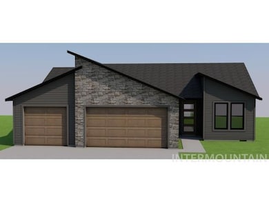 View of front of property featuring an attached garage, stone siding, a front lawn, and driveway