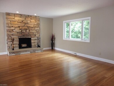 Family room with wood flooring and a stone firepla