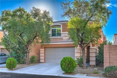 View of property hidden behind natural elements with driveway, stucco siding, and an attached garage