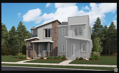 Contemporary home featuring a front yard and stone siding