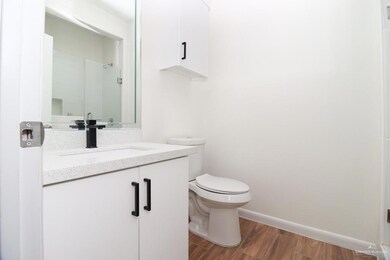 Bathroom with hardwood / wood-style floors, vanity, toilet, and walk in shower