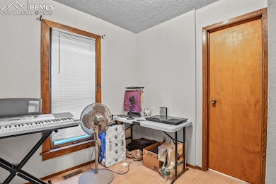 Carpeted home office featuring a textured ceiling and a textured wall