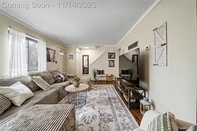 Living area featuring crown molding and wood finished floors