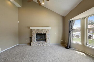 Great Room with Stone Fireplace, Vaulted Ceiling, 