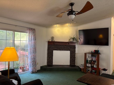 Living room featuring a textured ceiling, a ceiling fan, carpet floors, track lighting, and a stone fireplace