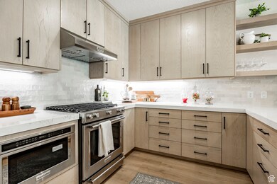 Kitchen with light brown cabinetry, open shelves, under cabinet range hood, stainless steel appliances, and backsplash