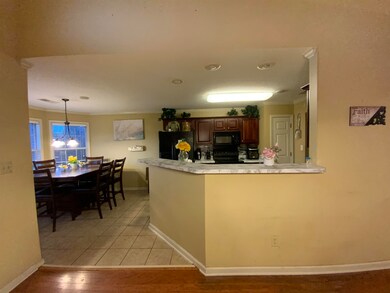 Kitchen with pendant lighting, light hardwood / wo