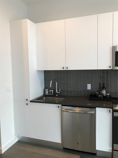 Kitchen with dishwashing machine, dark countertop