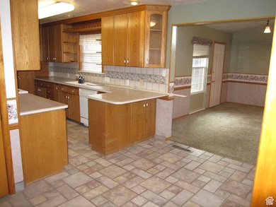 Kitchen featuring dishwasher, kitchen peninsula, backsplash, sink, and light colored carpet