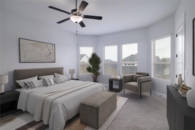 Carpeted bedroom featuring multiple windows and c