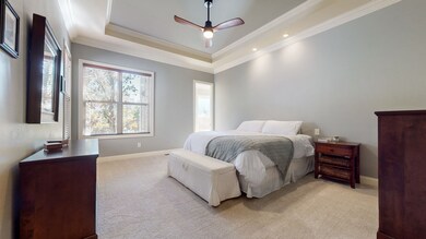 The owners bedroom is located on the main level and features a double crown with trey ceiling, ceiling fan, new carpet, and reading lights (each side independently switched).