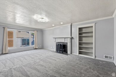 Living room includes curtains, new lighting, and a gas fireplace insert that was installed 5 years ago. Carpet replaced 2025