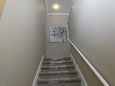 Looking up from the inside Entryway at the staircase with brand new designer berber nylon neutral-colored carpet!