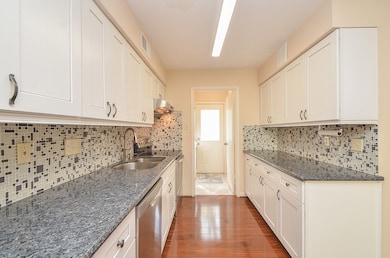 Granite countertops, white cabinets, and stainless