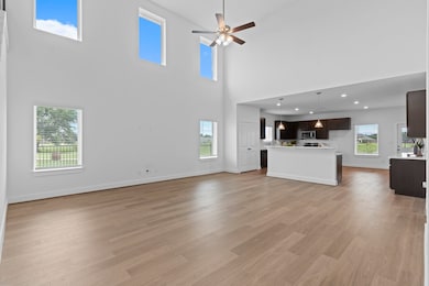 Home ready for move in!  The Dramatic open-concept family room is bathed in natural light from dramatic two-story windows, while beautiful large plank wood tile floors and a ceiling fan add warmth and comfort—ideal for everyday living and entertaining.**Image Representative of Plan Only and May Vary as Built**.