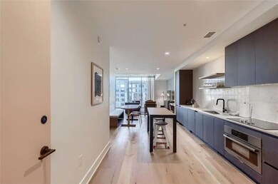 Kitchen with stainless steel oven, black electric