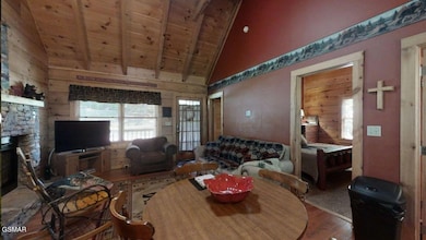 Karens Cabin Living room with fireplace