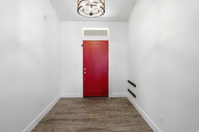 Entryway with dark wood-type flooring and baseboards