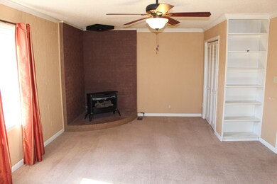 Den w/ gas stove, storage closet (electrical panel inside), built in shelves, and carpeting
