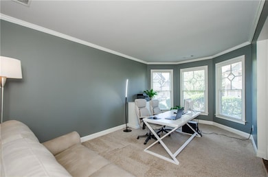 Office area with crown molding and carpet floors