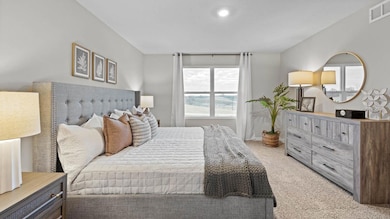 Primary suite with dedicated bathroom and expansive closet. Model home, finishes will vary.