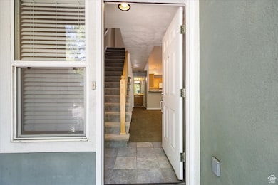View of exterior entry with stucco siding