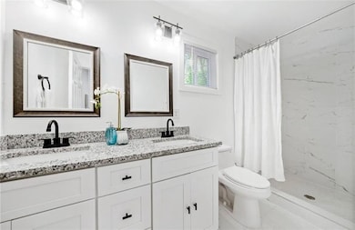 Bathroom with curtained shower, toilet, and vanity