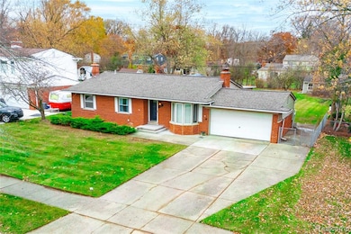 Single story home featuring a shingled roof, a chimney, brick siding, and a gate