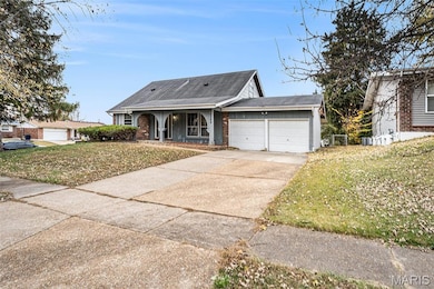 Ranch-style house featuring brick siding, driveway, an attached garage, a shingled roof, and a front lawn