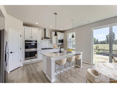 GOURMET KITCHEN WITH DOUBLE OVENS, GAS COOKTOP RANGE, HOOD VENT, MICROWAVE, AND REFRIGERATOR