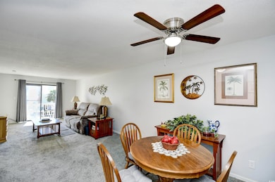 Carpeted dining area with ceiling fan and a textur