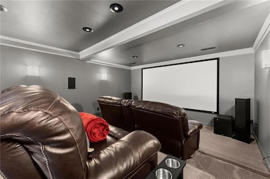 Carpeted cinema room featuring ornamental molding,