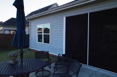 Rear elevation of home with small area of vinly.  Patio and screened porch.