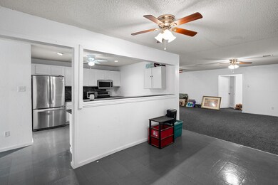 Kitchen featuring a ceiling fan, white cabinets, stainless steel appliances, a textured ceiling, and dark carpet