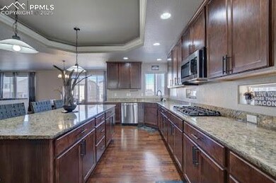 Kitchen with decorative light fixtures, dark wood-style floors, appliances with stainless steel finishes, a raised ceiling, and light stone countertops