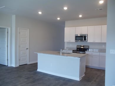 Kitchen with dark wood-type flooring, appliances w