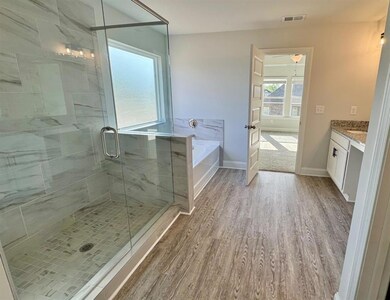 Full bath with wood finished floors, vanity, visib