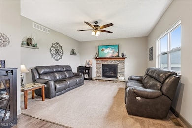 Carpeted living room with a glass covered fireplace and ceiling fan