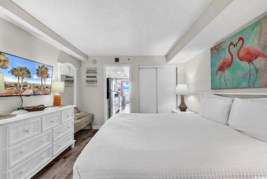 Bedroom with dark hardwood / wood-style floors, a 
