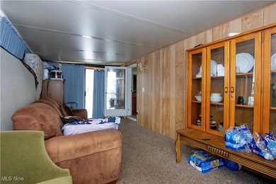 Carpeted living area with wooden walls