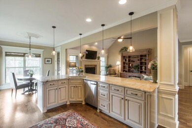 Expanded island, trim detail, beautiful granite, pendant lighting.  Wow!
