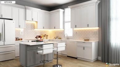 Kitchen with white appliances, light wood-type fl