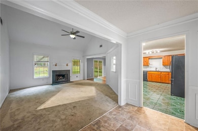 Unfurnished living room with light carpet, ceiling